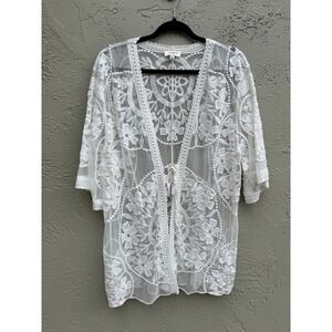 Umgee USA White Lace Crochet Cottagecore Boho Indie Kimono Duster